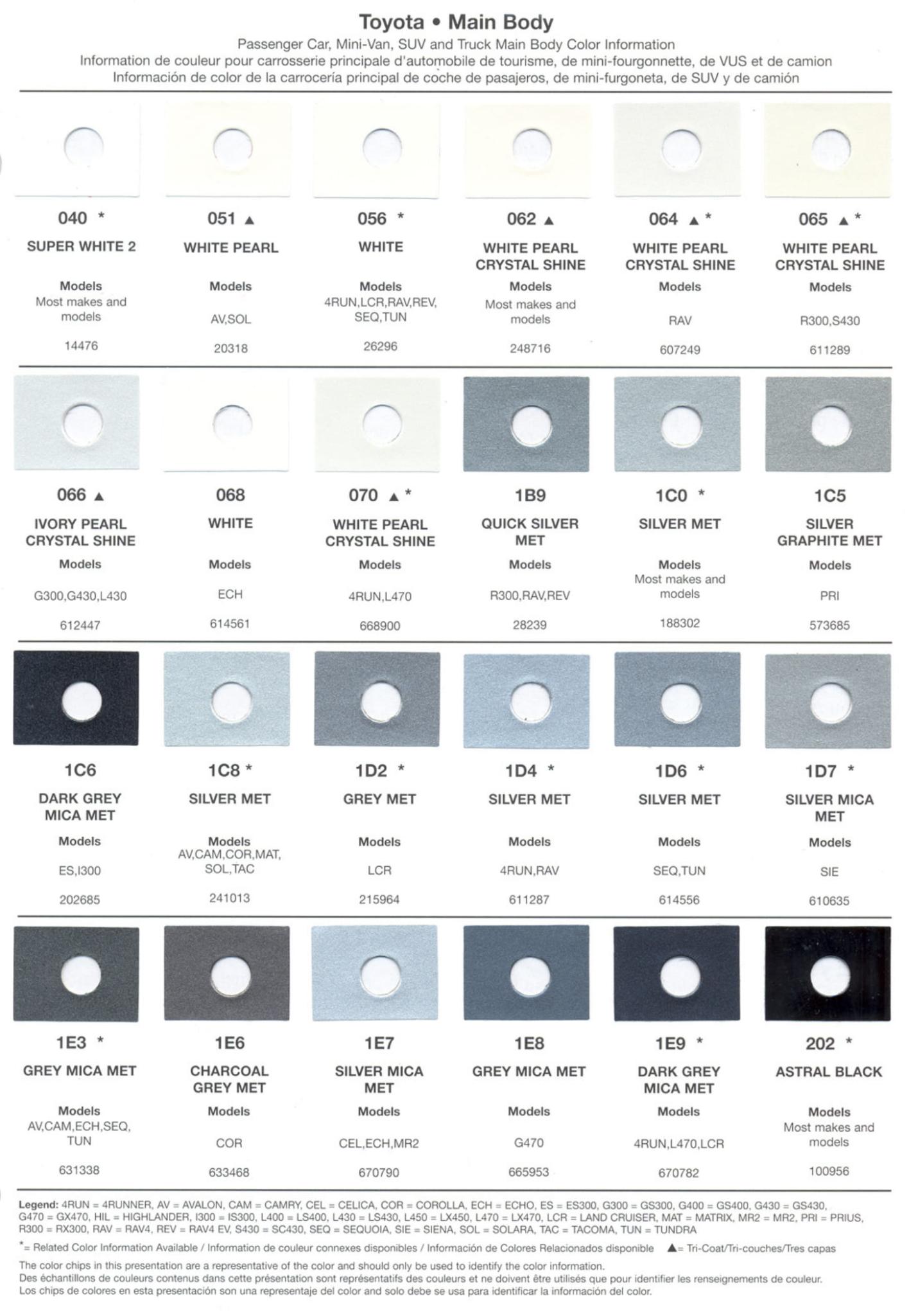 Toyoto / Lexus Paint Code and Color Chart