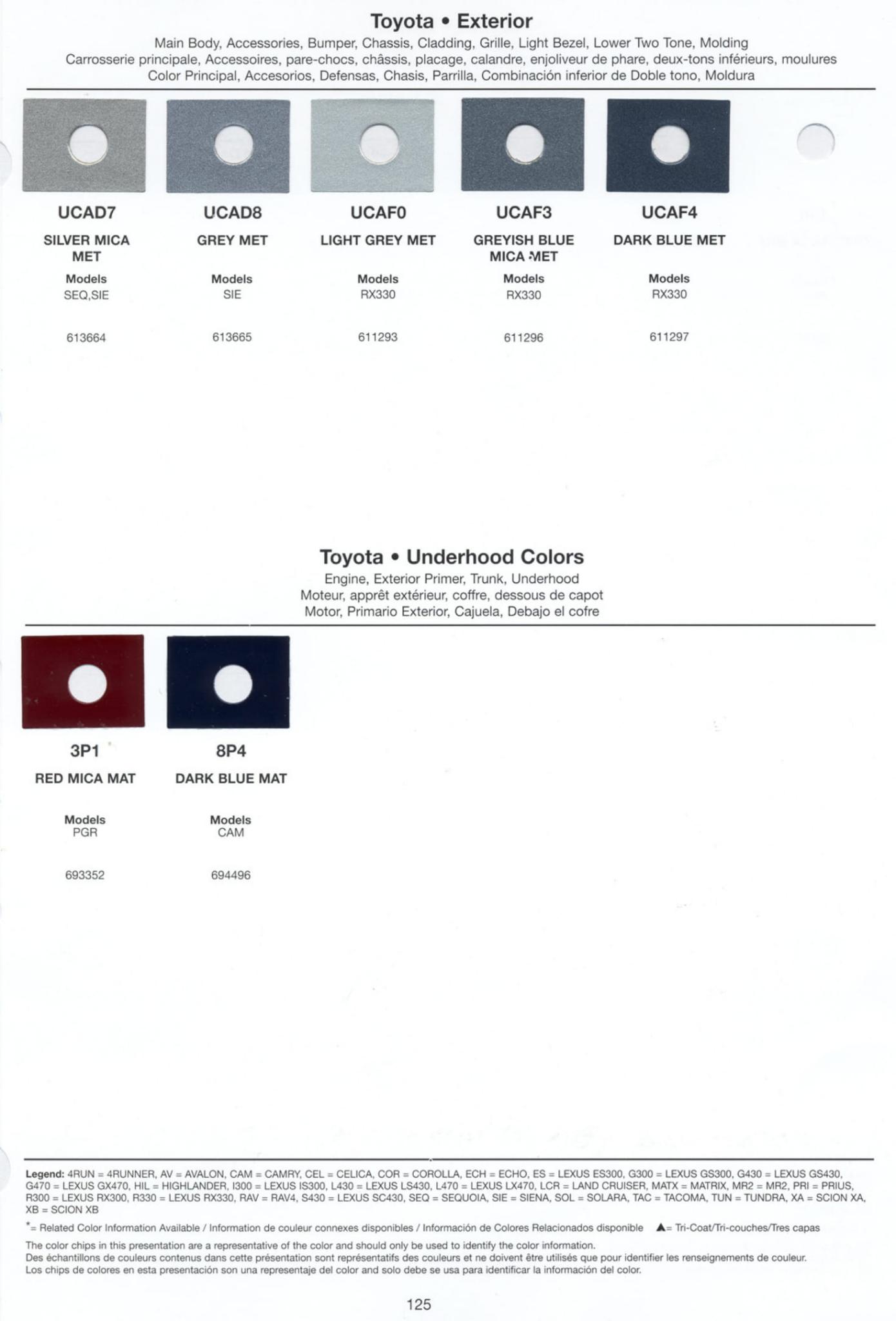 Toyoto / Lexus Paint Code and Color Chart