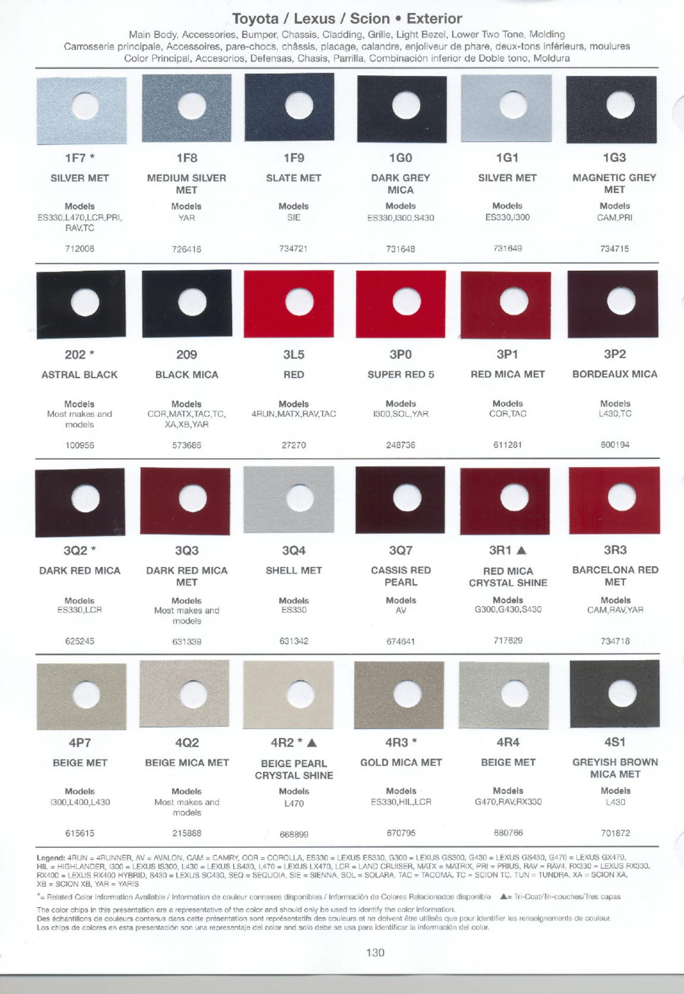 Toyoto / Lexus Paint Code and Color Chart