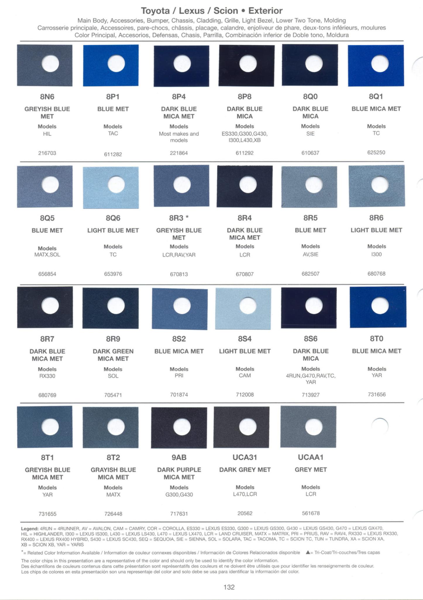 Toyoto / Lexus Paint Code and Color Chart