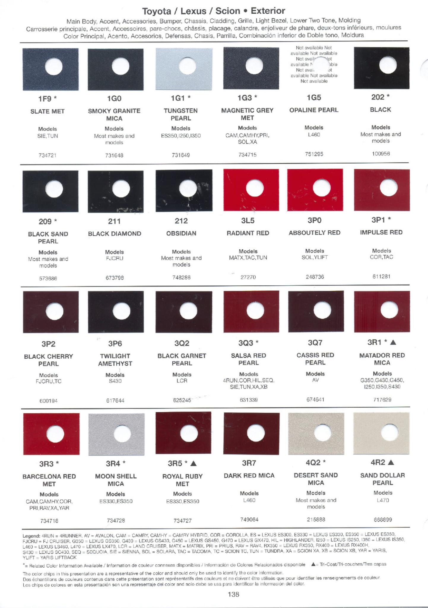 Toyoto / Lexus Paint Code and Color Chart