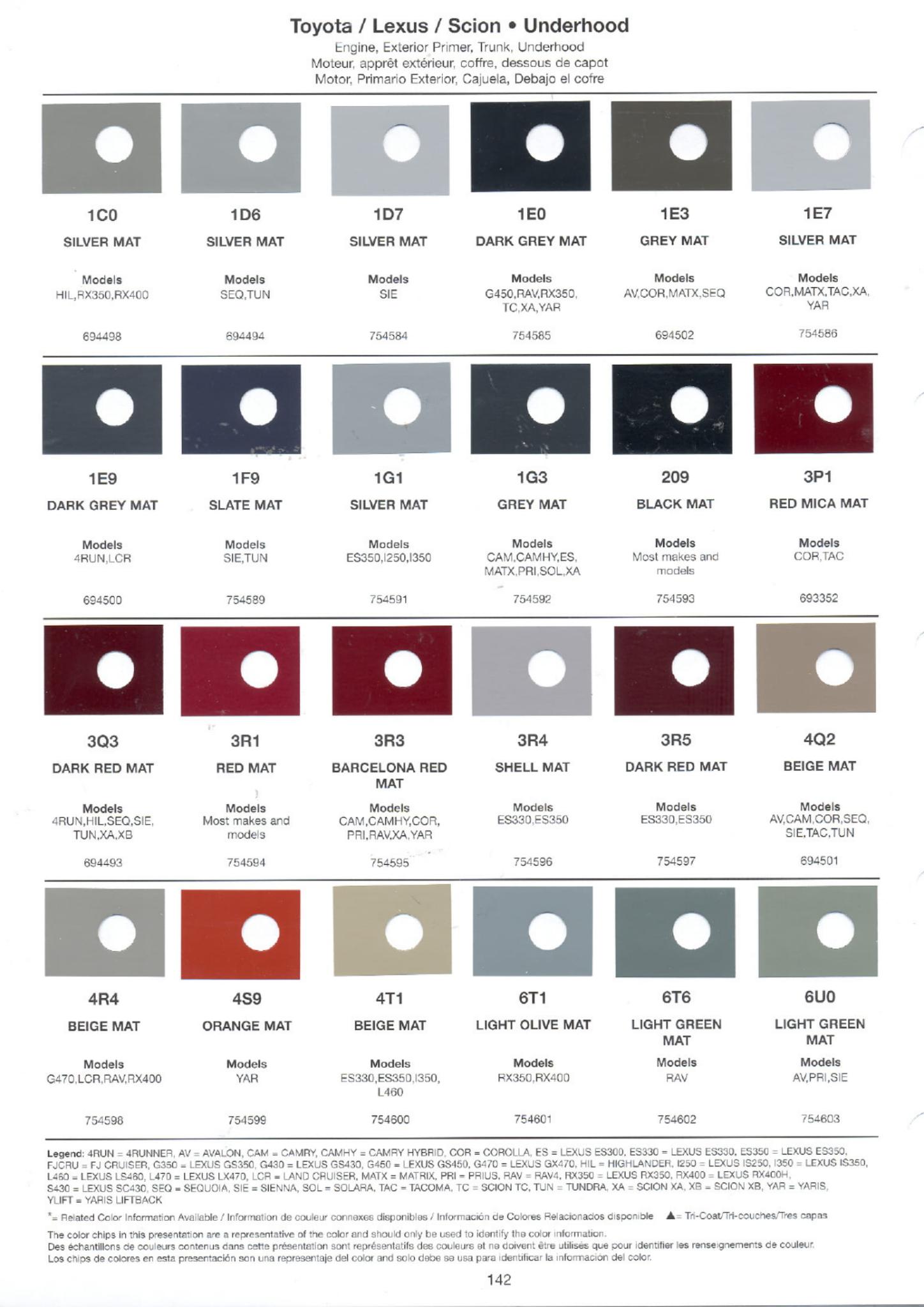 Toyoto / Lexus Paint Code and Color Chart