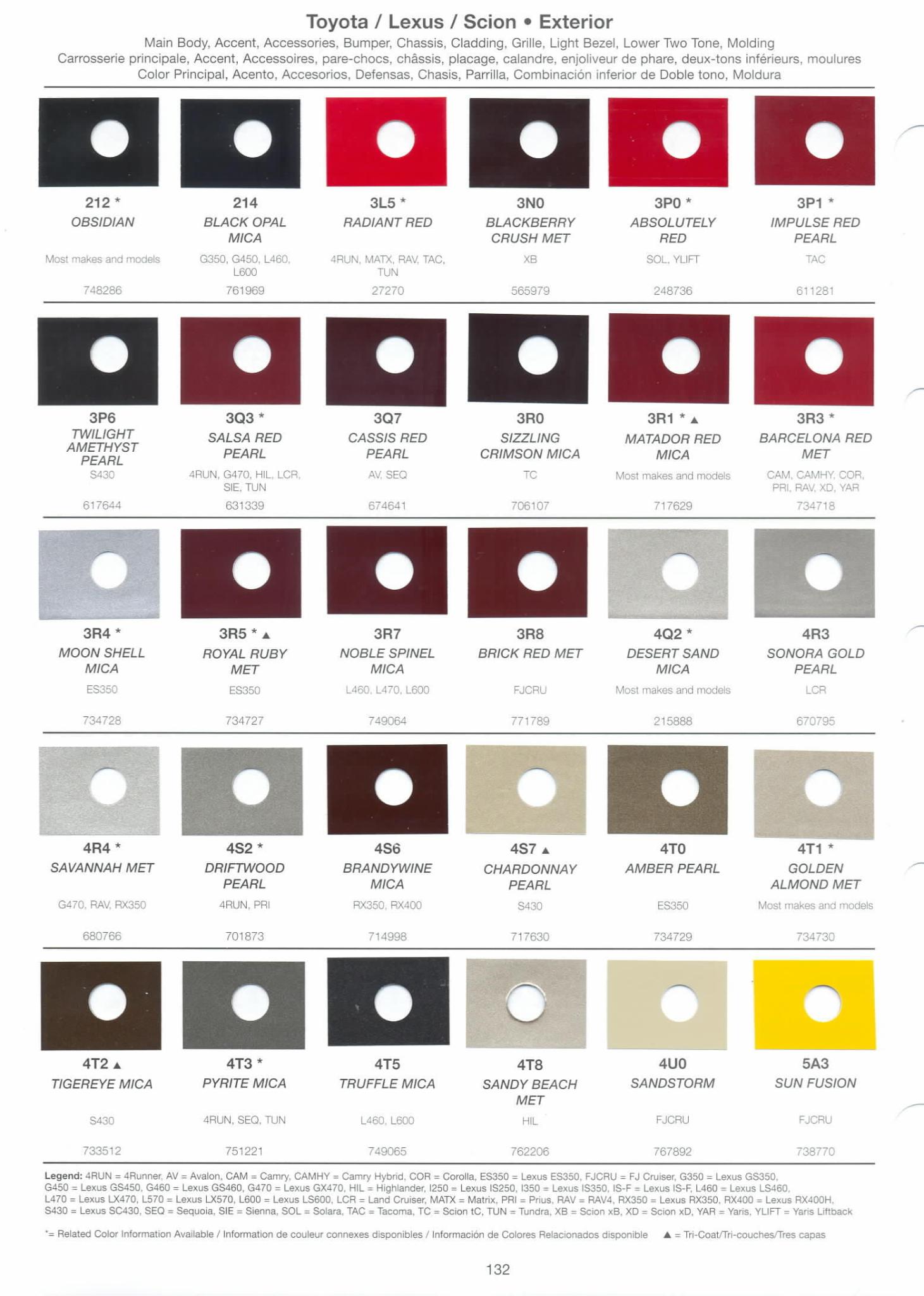 Toyoto / Lexus Paint Code and Color Chart