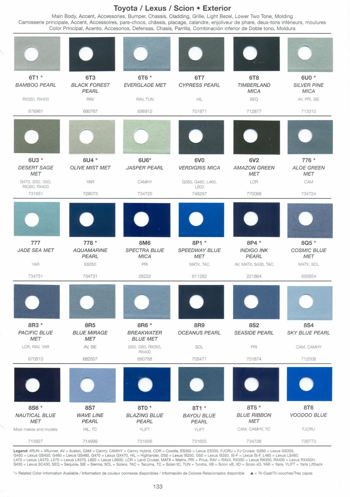 Toyoto / Lexus Paint Code and Color Chart