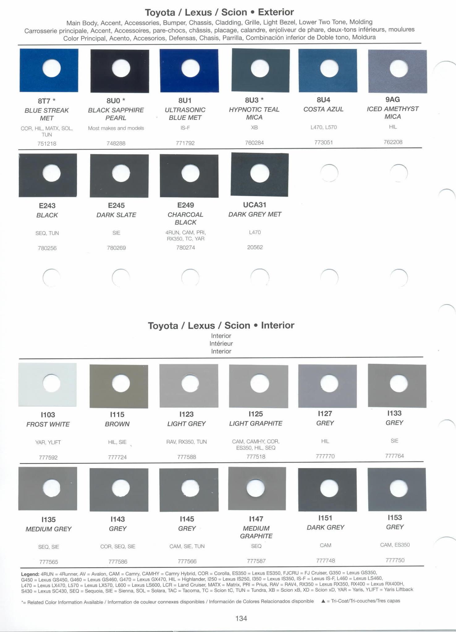 Toyoto / Lexus Paint Code and Color Chart