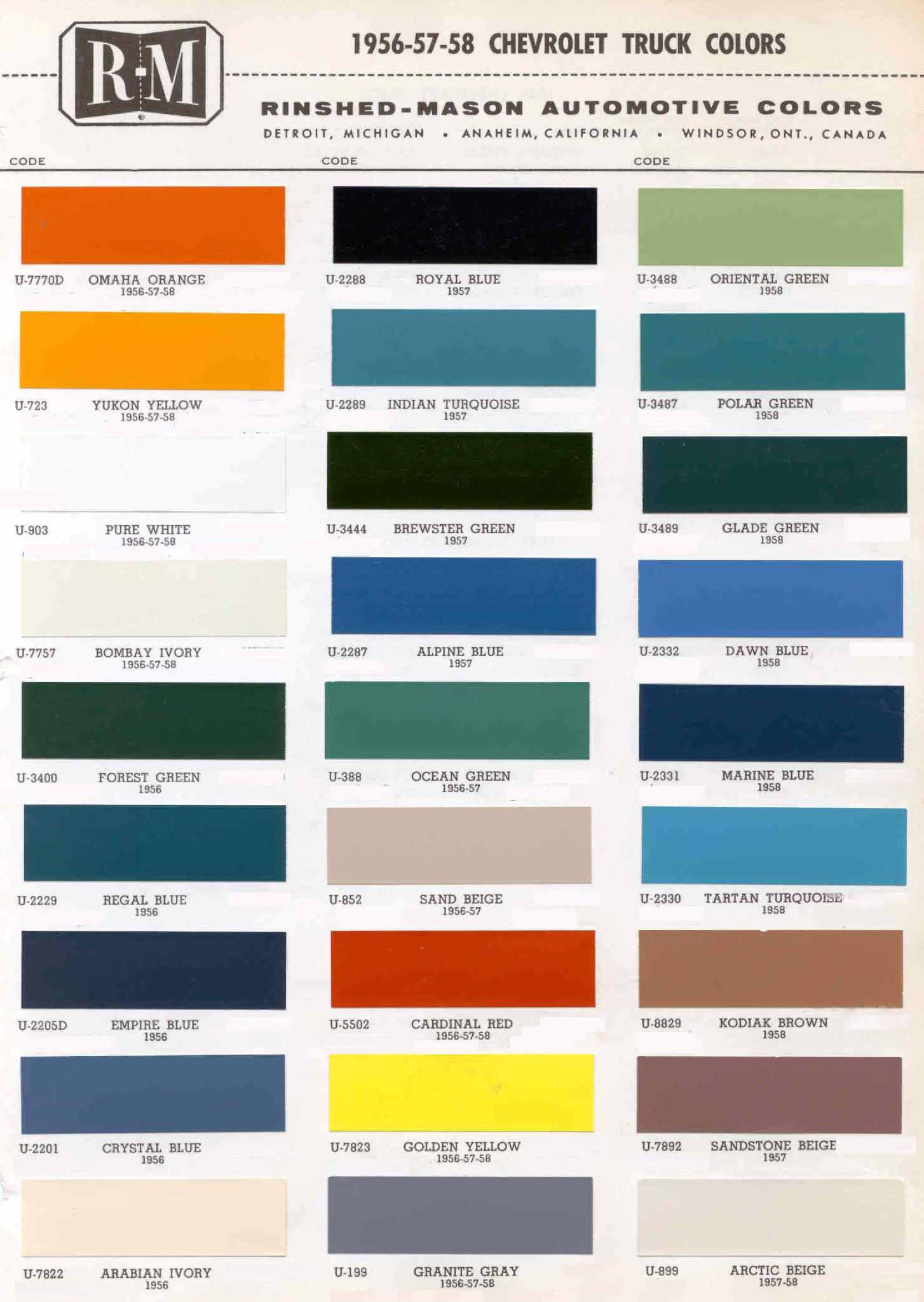 Paint Codes and Color Swatches used by Chevrolet on Vehicles