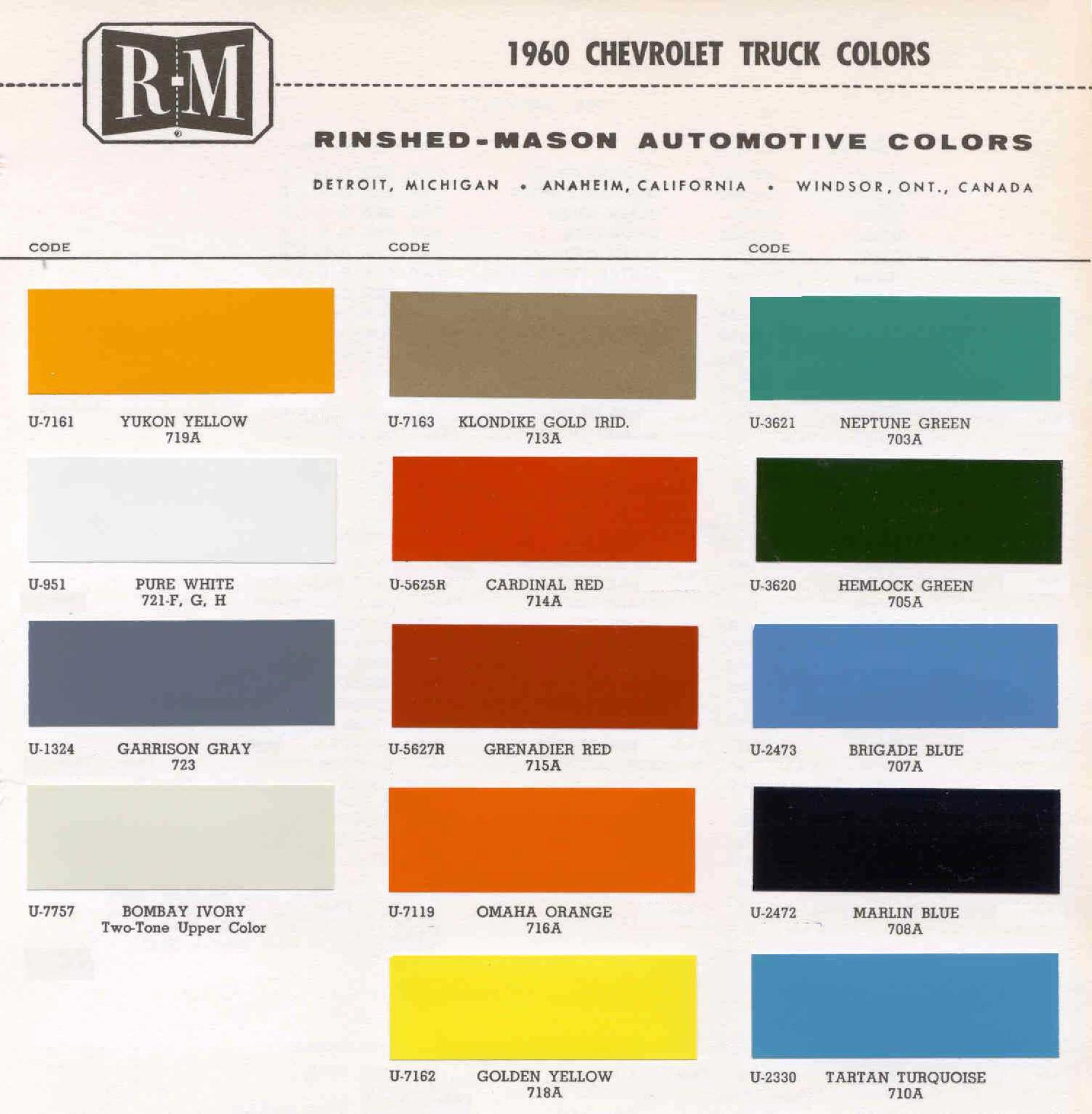 Paint Codes and Color Swatches used by Chevrolet on Vehicles